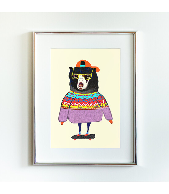 Little Forest Animals Bear Skater (Gümüş Çerçeve + Beyaz)
