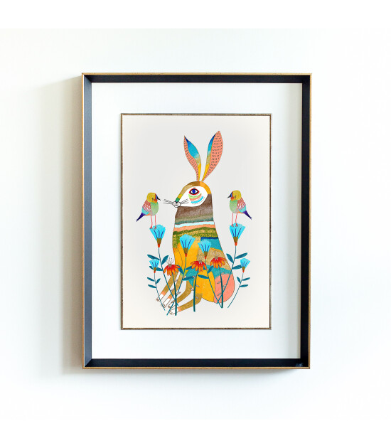 Little Forest Animals Hare Flowers Pretty (Siyah Yaldızlı Çerçeve + Beyaz)