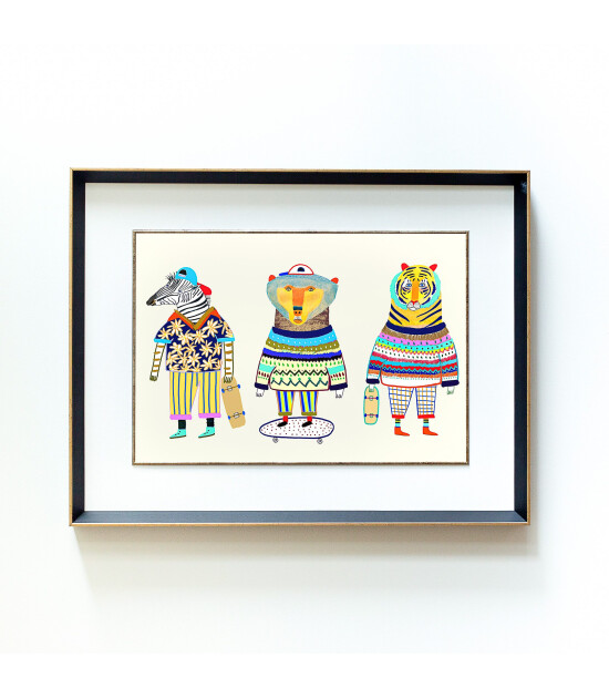 Little Forest Animals Zebra Bear Tiger Skaters Friends (Siyah Yaldızlı Çerçeve + Beyaz)