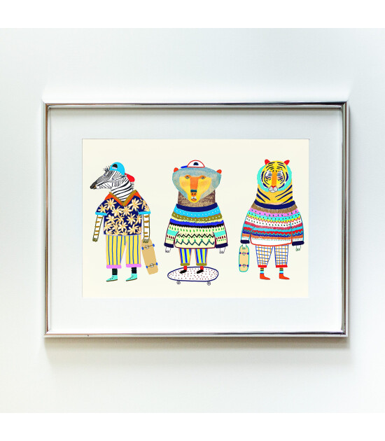 Little Forest Animals Zebra Bear Tiger Skaters Friends (Gümüş Çerçeve + Beyaz)