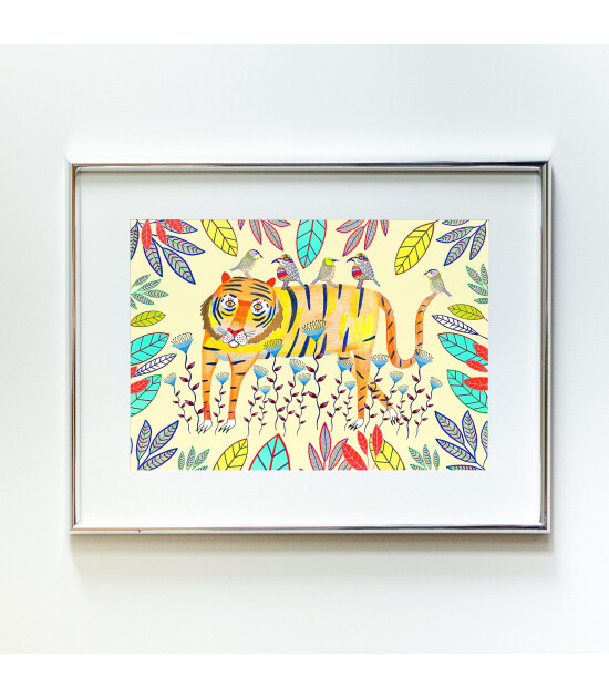 Little Forest Animals Tiger with Birds (Gümüş Çerçeve + Beyaz)