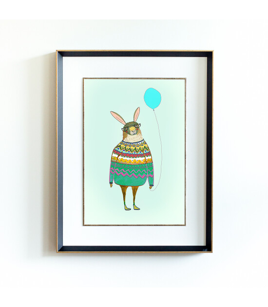 Little Forest Animals Rabbit with Baloon (Siyah Yaldızlı Çerçeve + Beyaz)