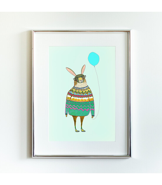 Little Forest Animals Rabbit with Baloon (Gümüş Çerçeve + Beyaz)