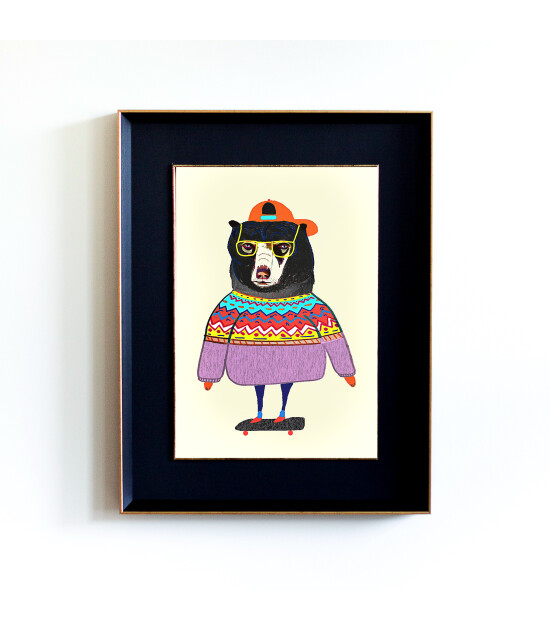 Little Forest Animals Bear Skater (Siyah Yaldızlı Çerçeve + Siyah)