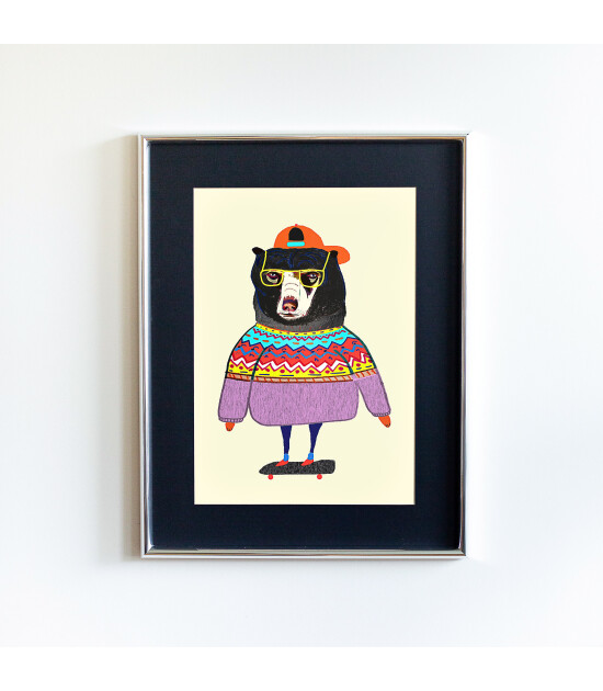 Little Forest Animals Bear Skater (Gümüş Çerçeve + Siyah)