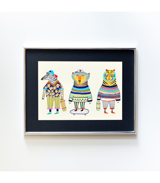 Little Forest Animals Zebra Bear Tiger Skaters Friends (Gümüş Çerçeve + Siyah)