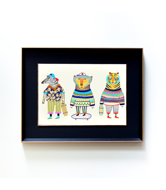 Little Forest Animals Zebra Bear Tiger Skaters Friends (Siyah Yaldızlı Çerçeve + Siyah)
