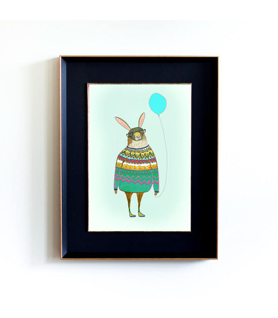 Little Forest Animals Rabbit with Baloon (Siyah Yaldızlı Çerçeve + Siyah)