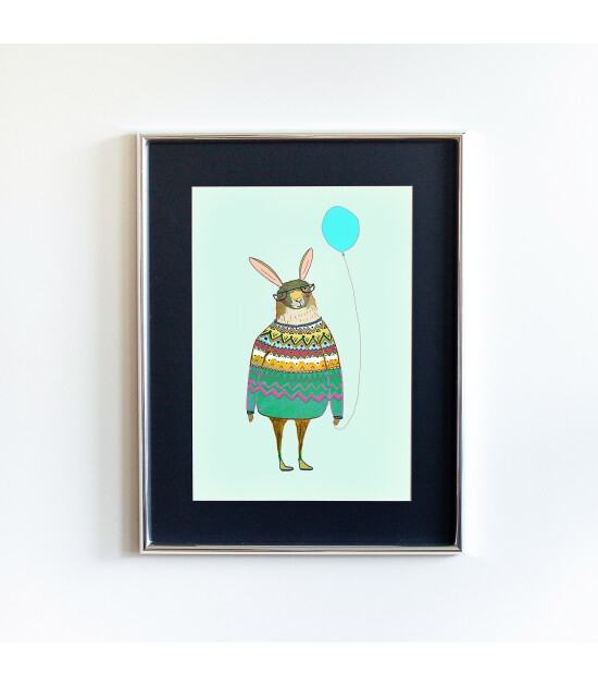 Little Forest Animals Rabbit with Baloon (Gümüş Çerçeve + Siyah)