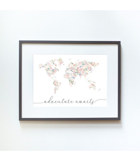 Little Forest Animals Flower World Map (Gri Çerçeve)