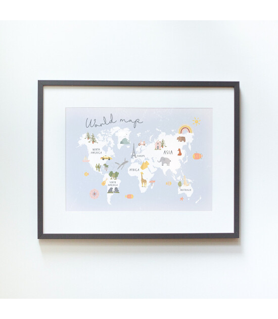 Little Forest Animals Blue World Map with Animals (Gri Çerçeve)