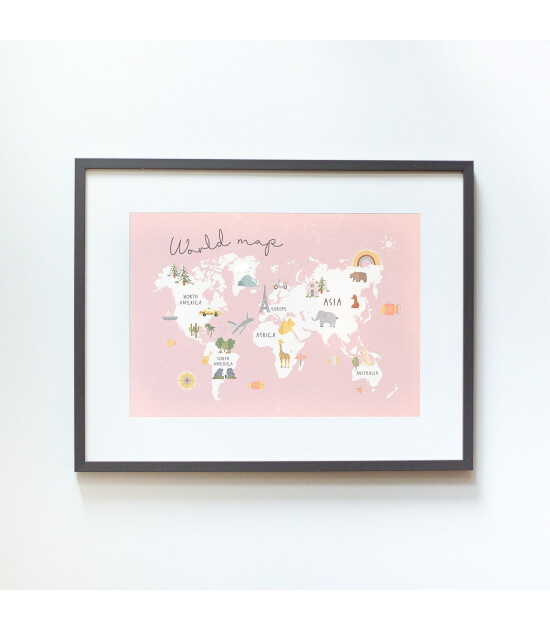 Little Forest Animals Pink World Map with Animals (Gri Çerçeve)