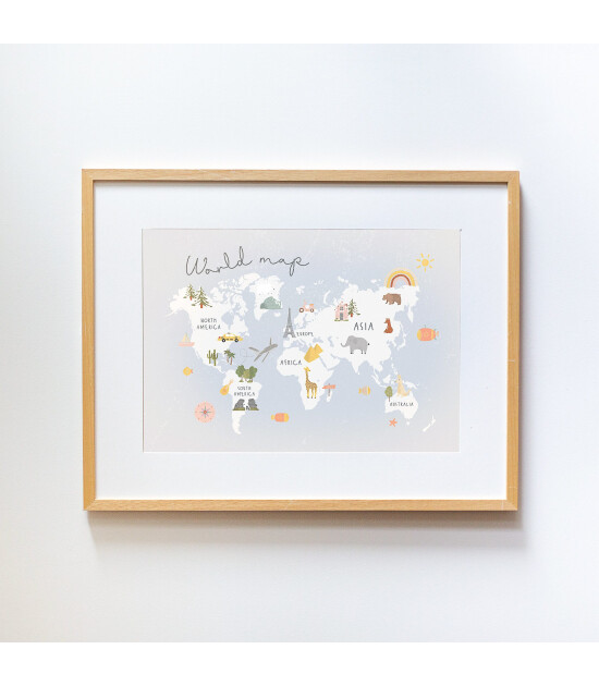Little Forest Animals Blue World Map with Animals (Natural Çerçeve)