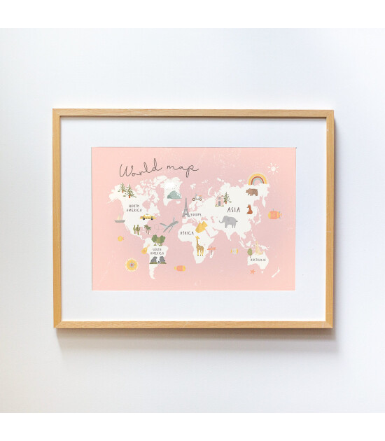 Little Forest Animals Pink World Map with Animals (Natural Çerçeve)