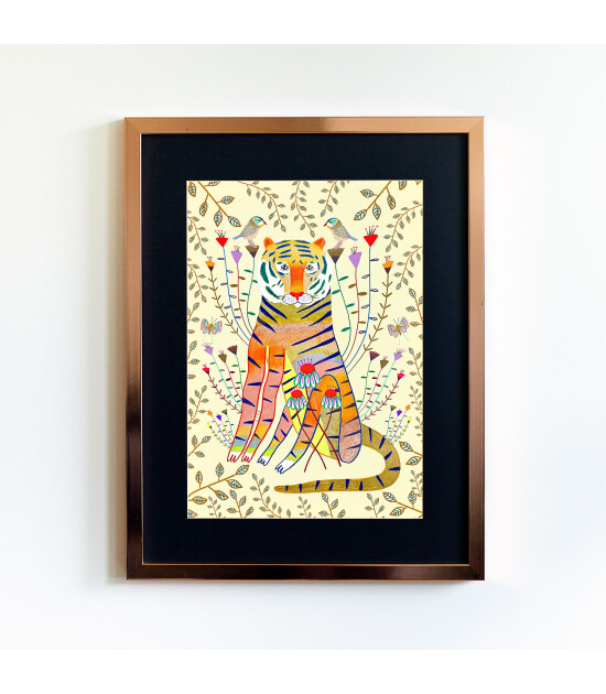 Little Forest Animals Tiger Gold Leaves (Rose Çerçeve + Siyah)