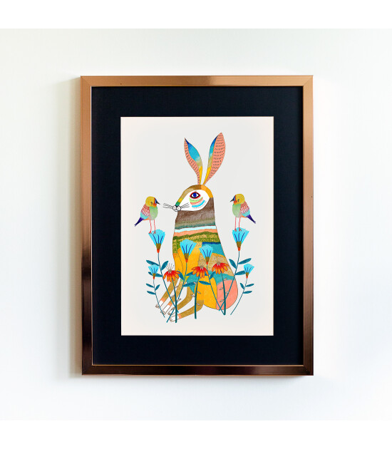 Little Forest Animals Hare Flowers Pretty (Rose Çerçeve + Siyah)