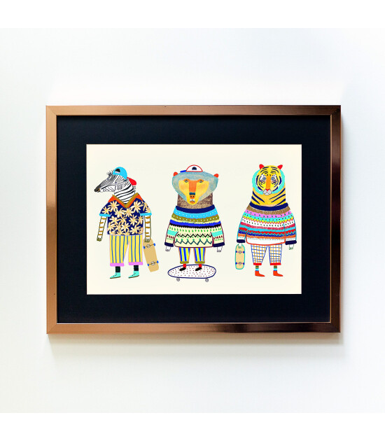 Little Forest Animals Zebra Bear Tiger Skaters Friends (Rose Çerçeve + Siyah)