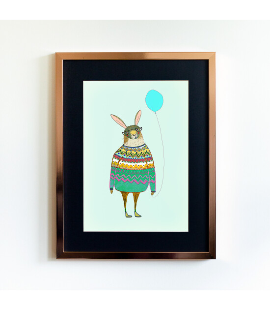 Little Forest Animals Rabbit with Baloon (Rose Çerçeve + Siyah)