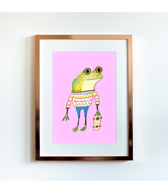 Little Forest Animals Frog Skater (Rose Çerçeve + Beyaz)
