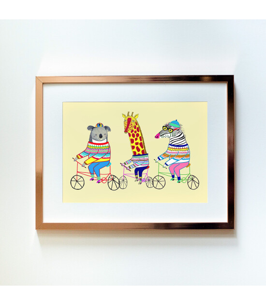 Little Forest Animals Biking Friends (Rose Çerçeve + Beyaz)