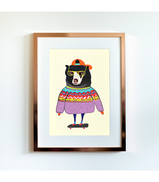 Little Forest Animals Bear Skater (Rose Çerçeve + Beyaz)