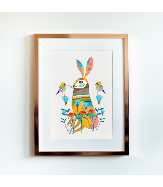 Little Forest Animals Hare Flowers Pretty (Rose Çerçeve + Beyaz)