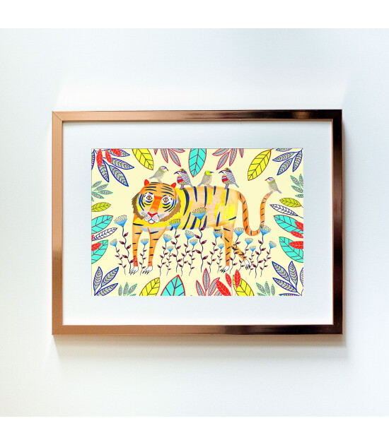 Little Forest Animals Tiger with Birds (Rose Çerçeve + Beyaz)