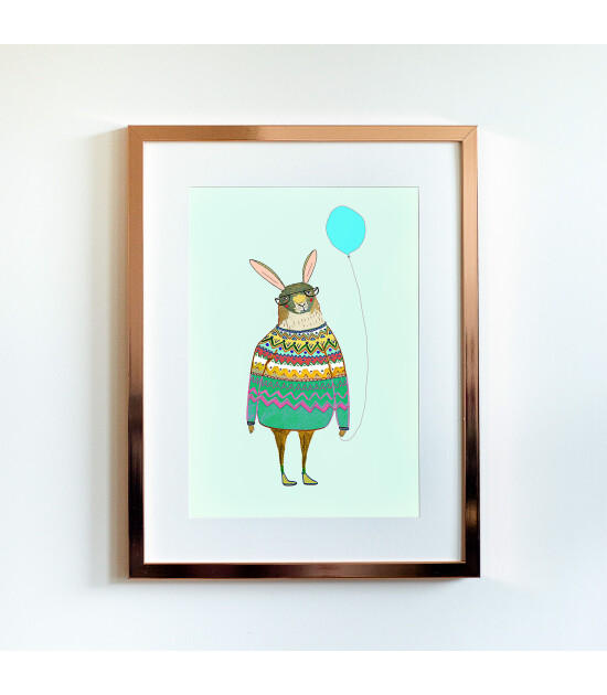 Little Forest Animals Rabbit with Baloon (Rose Çerçeve + Beyaz)