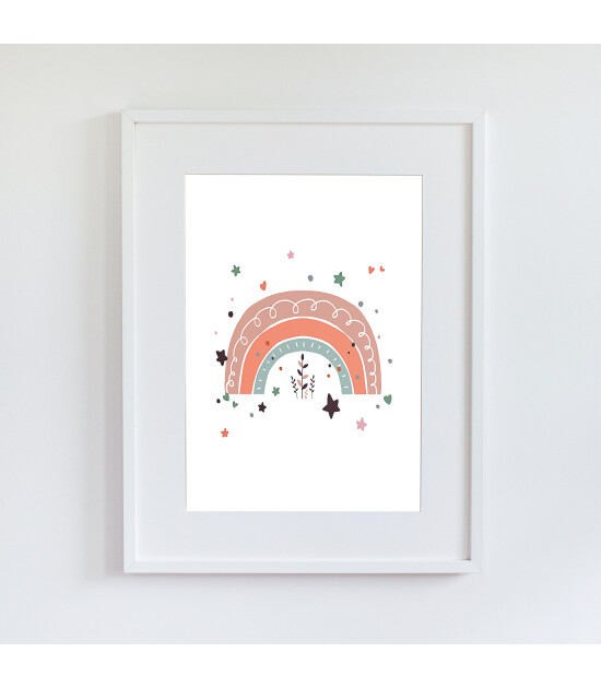 Little Forest Animals Heart and Stars Rainbow (Beyaz Çerçeve)