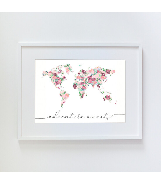 Little Forest Animals World Map with Dark Pinky Flowers (Beyaz Çerçeve)