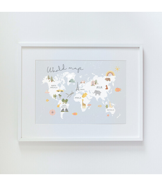 Little Forest Animals Blue World Map with Animals (Beyaz &Ccedil;er&ccedil;eve)