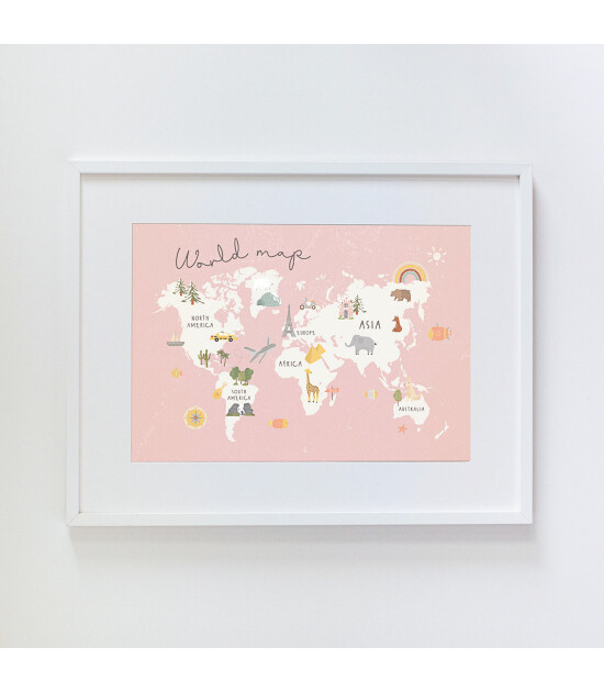 Little Forest Animals Pink World Map with Animals (Beyaz Çerçeve)