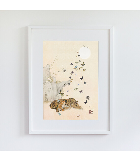 Little Forest Animals Korean Tiger with Butterflies (Beyaz Çerçeve) - L - 44 x 56.5 cm