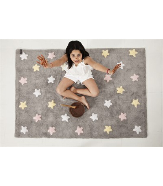 Lorena Canals  Stars Tricolor Gri Halı // Pembe - Beyaz - Sarı (120x160cm)