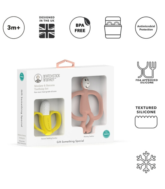 Matchstick Monkey Banana Silikon Diş Kaşıyıcı Hediye Seti // Pembe