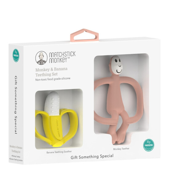 Matchstick Monkey Banana Silikon Diş Kaşıyıcı Hediye Seti // Pembe