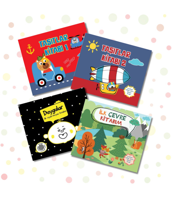 Megakids Yayıncılık Yırtılmaz Kitap Set ( Taşıtlar Kitabı 1, Taşıtlar Kitabı 2, İlk Çevre Kitabım, Duygular Kitabım )