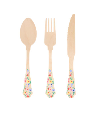 Meri Meri Ahşap Çatal Kaşık Bıçak Seti // Çiçekli