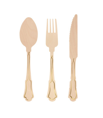 Meri Meri Ahşap Çatal Kaşık Bıçak Seti // Altın Varaklı