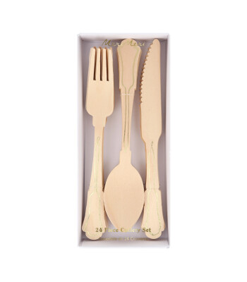 Meri Meri Ahşap Çatal Kaşık Bıçak Seti // Altın Varaklı