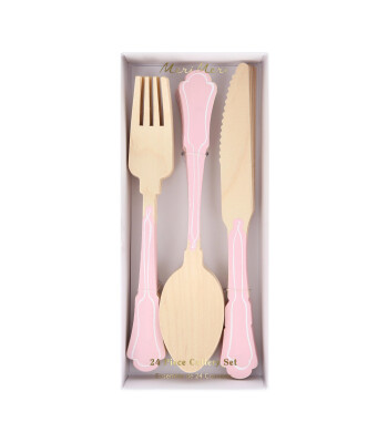 Meri Meri Ahşap Çatal Kaşık Bıçak Seti // Pembe Çizgili