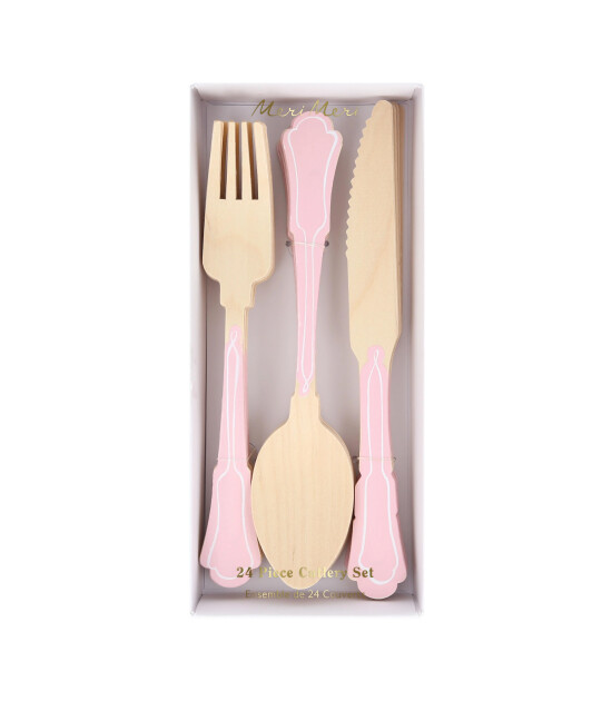 Meri Meri - Ahşap Çatal-Kaşık-Bıçak Set - Pembe Çizgili - 24 Adet