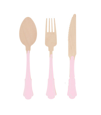 Meri Meri Ahşap Çatal Kaşık Bıçak Seti // Pembe Çizgili