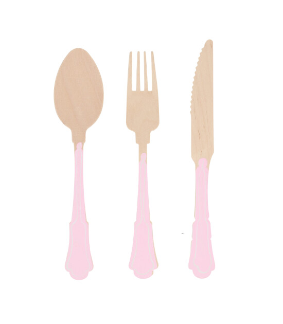 Meri Meri - Ahşap Çatal-Kaşık-Bıçak Set - Pembe Çizgili - 24 Adet