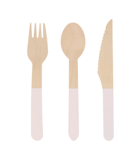 Meri Meri - Ahşap Çatal-Kaşık-Bıçak Set - Pembe - 24 Adet