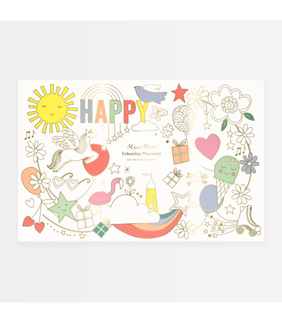 Meri Meri - Happy Icons Colouring Placemats - Mutlu Semboller Boyama Amerikan Servisleri (x8)