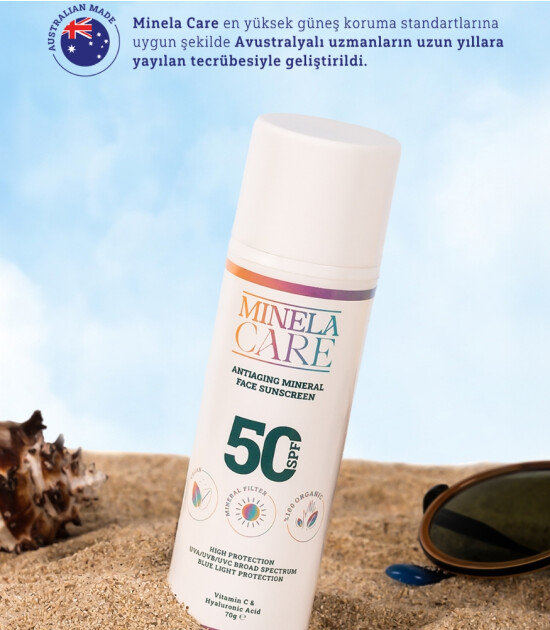 Minela Care 100% Organik Mineral Filtreli Leke ve Yaşlanma Karşıtı Yüz Güneş Kremi (50 SPF)