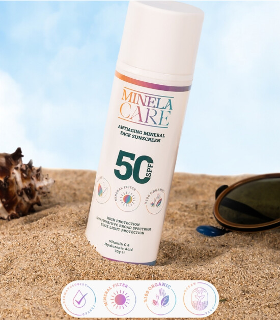 Minela Care 100% Organik Mineral Filtreli Leke ve Yaşlanma Karşıtı Yüz Güneş Kremi (50 SPF)