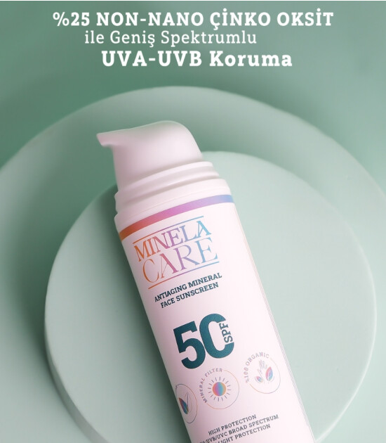 Minela Care 100% Organik Mineral Filtreli Leke ve Yaşlanma Karşıtı Yüz Güneş Kremi (50 SPF)