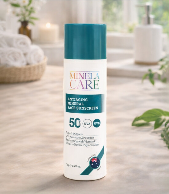 Minela Care 100% Organik Mineral Filtreli Leke ve Yaşlanma Karşıtı Y&uuml;z G&uuml;neş Kremi (50 SPF)